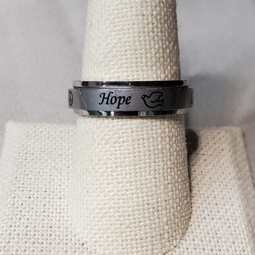 JCM Etched Double Layer Stainless Steel Band "Love Peace Faith Hope" Size 9